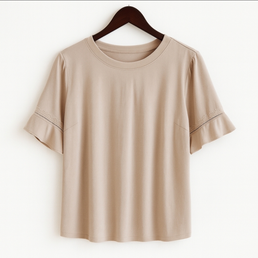 Women's Short Sleeve Ruffle-Sleeve Tee in Beige